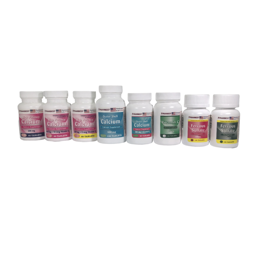 Pharbest vitamin and dietary supplement eight products lined up