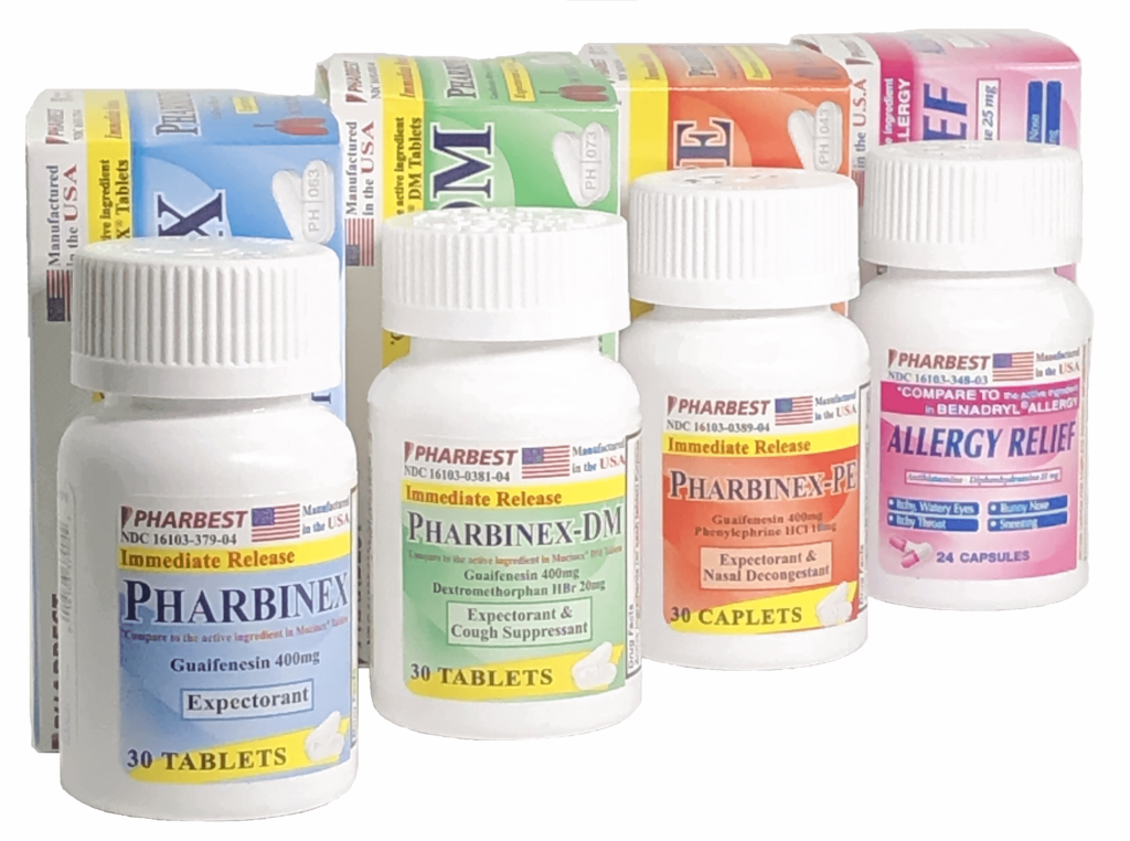 Pharbest four allergy cold, cough and flu products lined up